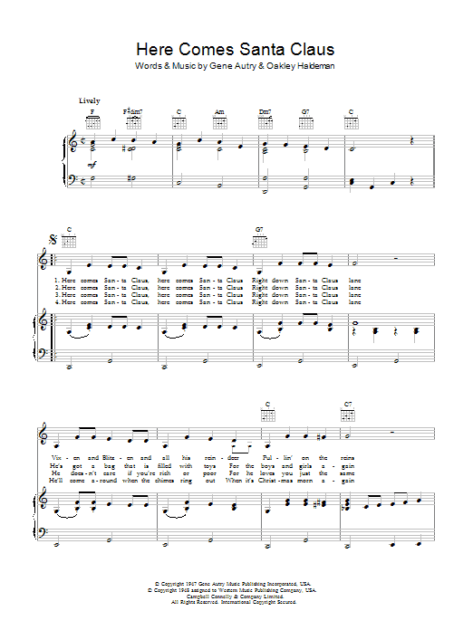 Bob Dylan Here Comes Santa Claus (Right Down Santa Claus Lane) sheet music notes and chords arranged for Piano, Vocal & Guitar Chords