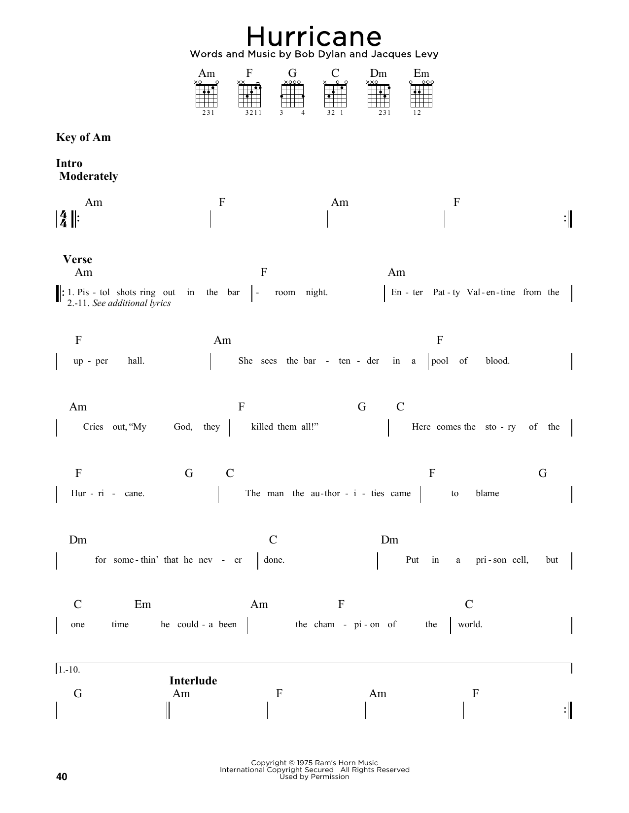 Bob Dylan Hurricane sheet music notes and chords. Download Printable PDF.