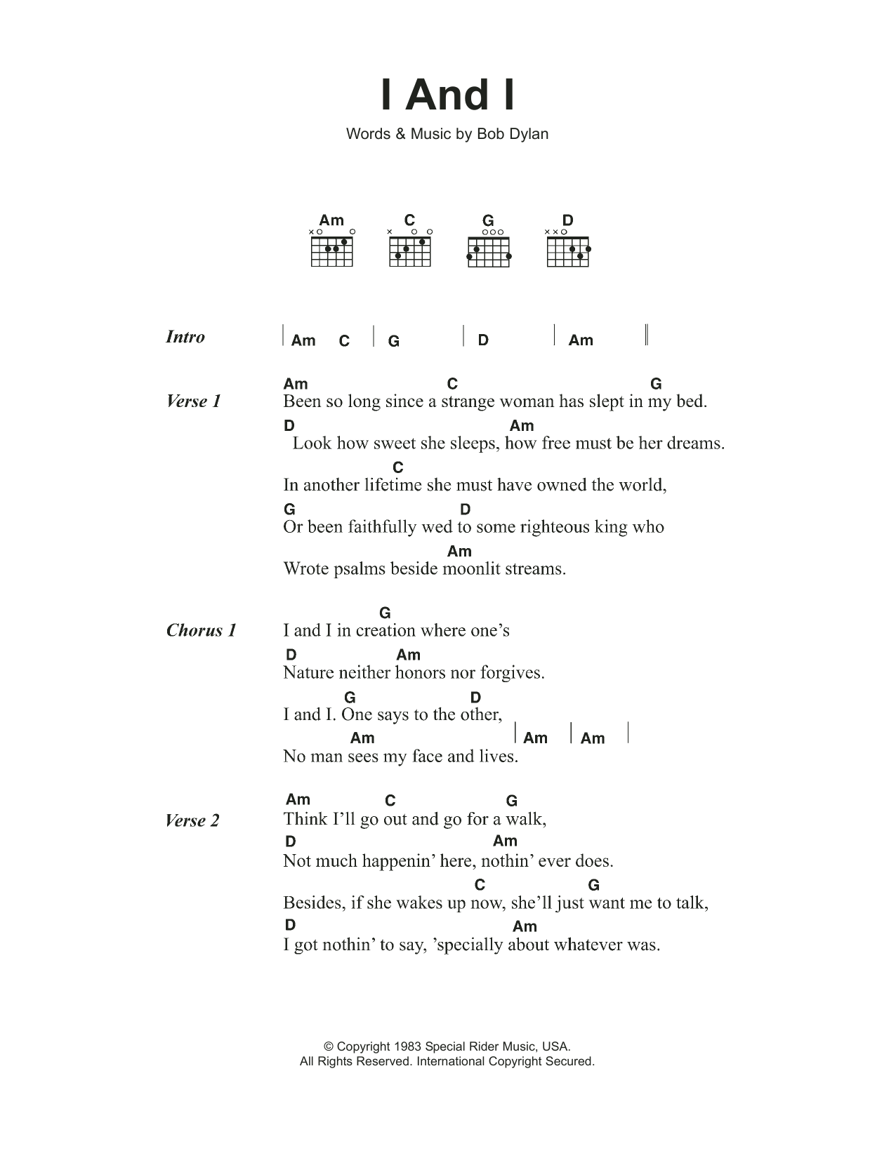 Bob Dylan I And I sheet music notes and chords. Download Printable PDF.