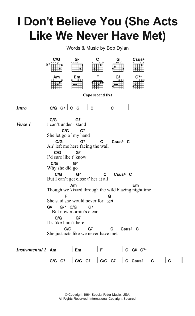 Bob Dylan I Don't Believe You (She Acts Like We Never Have Met) sheet music notes and chords. Download Printable PDF.