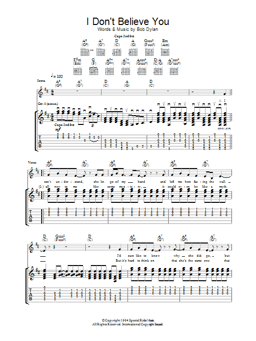 Bob Dylan I Don't Believe You sheet music notes and chords arranged for Guitar Tab