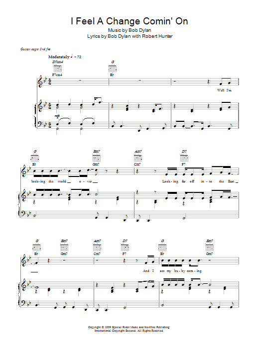 Learn to play Bob Dylan I Feel A Change Comin' On sheet music for Ukulele Chords/Lyrics in minutes. Price: 4.4900$ Bob Dylan I Feel A Change Comin' On sheet music notes and chords arranged for Ukulele Chords/Lyrics
