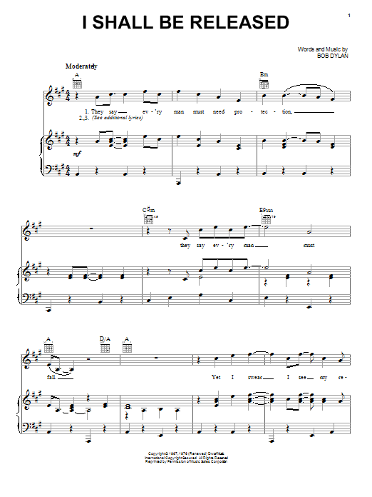 Bob Dylan I Shall Be Released (from the musical A Night With Janis Joplin) sheet music notes and chords arranged for Piano, Vocal & Guitar Chords (Right-Hand Melody)