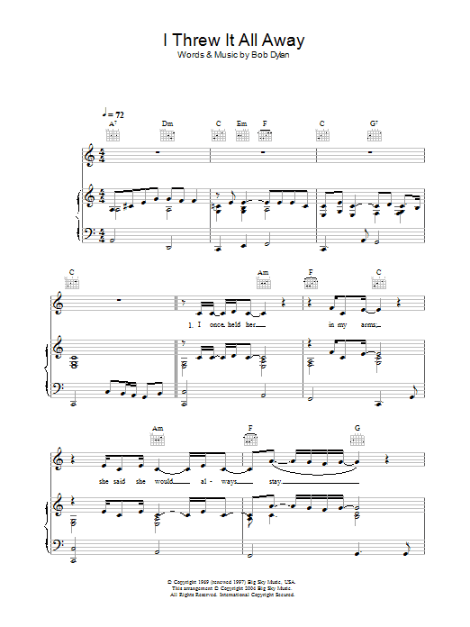 Bob Dylan I Threw It All Away sheet music notes and chords. Download Printable PDF.