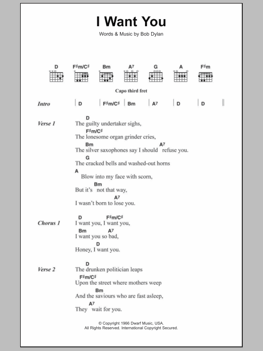 Bob Dylan I Want You sheet music notes and chords. Download Printable PDF.