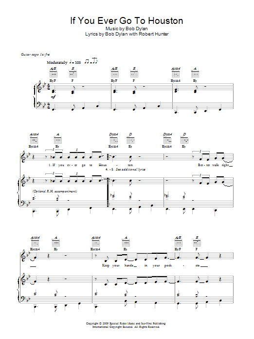 Learn to play Bob Dylan If You Ever Go To Houston sheet music for Piano, Vocal & Guitar Chords in minutes. Price: 7.8900$ Bob Dylan If You Ever Go To Houston sheet music notes and chords arranged for Piano, Vocal & Guitar Chords