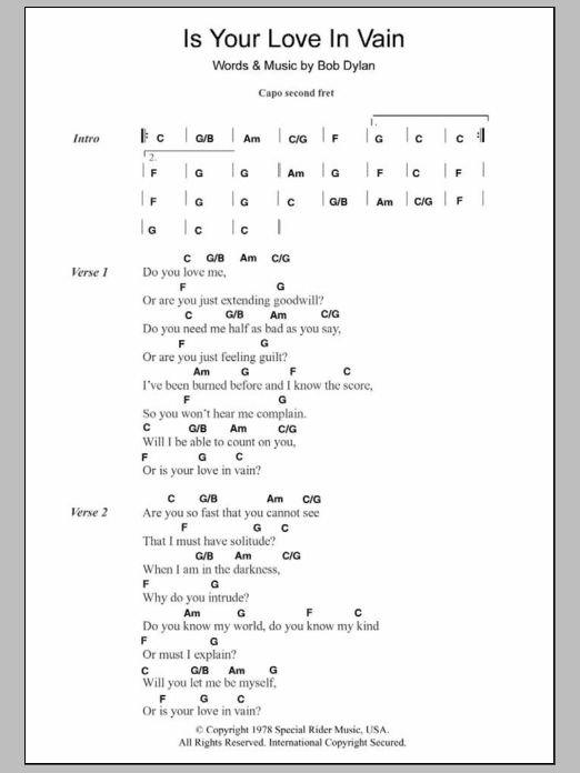 Bob Dylan Is Your Love In Vain sheet music notes and chords. Download Printable PDF.