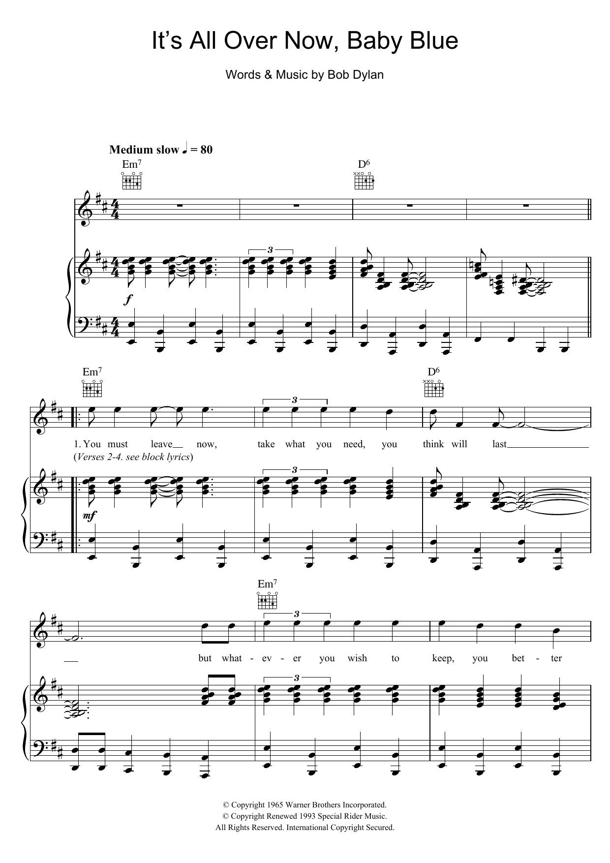 Bob Dylan It's All Over Now, Baby Blue sheet music notes and chords. Download Printable PDF.