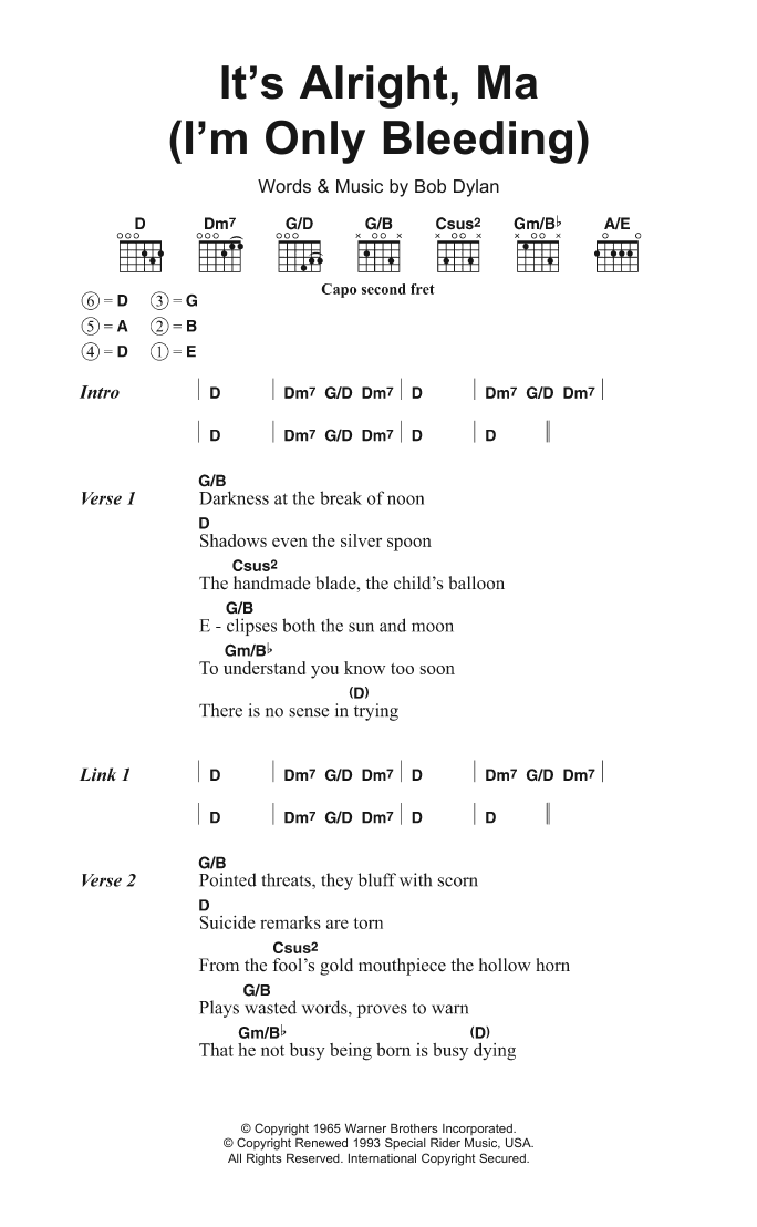 Learn to play Bob Dylan It's Alright Ma (I'm Only Bleeding) sheet music for Guitar Chords/Lyrics in minutes. Price: 4.4900$ Bob Dylan It's Alright Ma (I'm Only Bleeding) sheet music notes and chords arranged for Guitar Chords/Lyrics