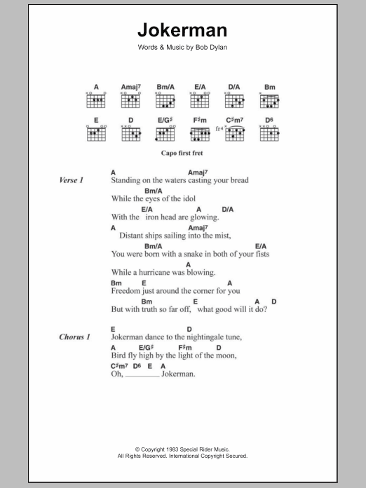 Bob Dylan Jokerman sheet music notes and chords. Download Printable PDF.