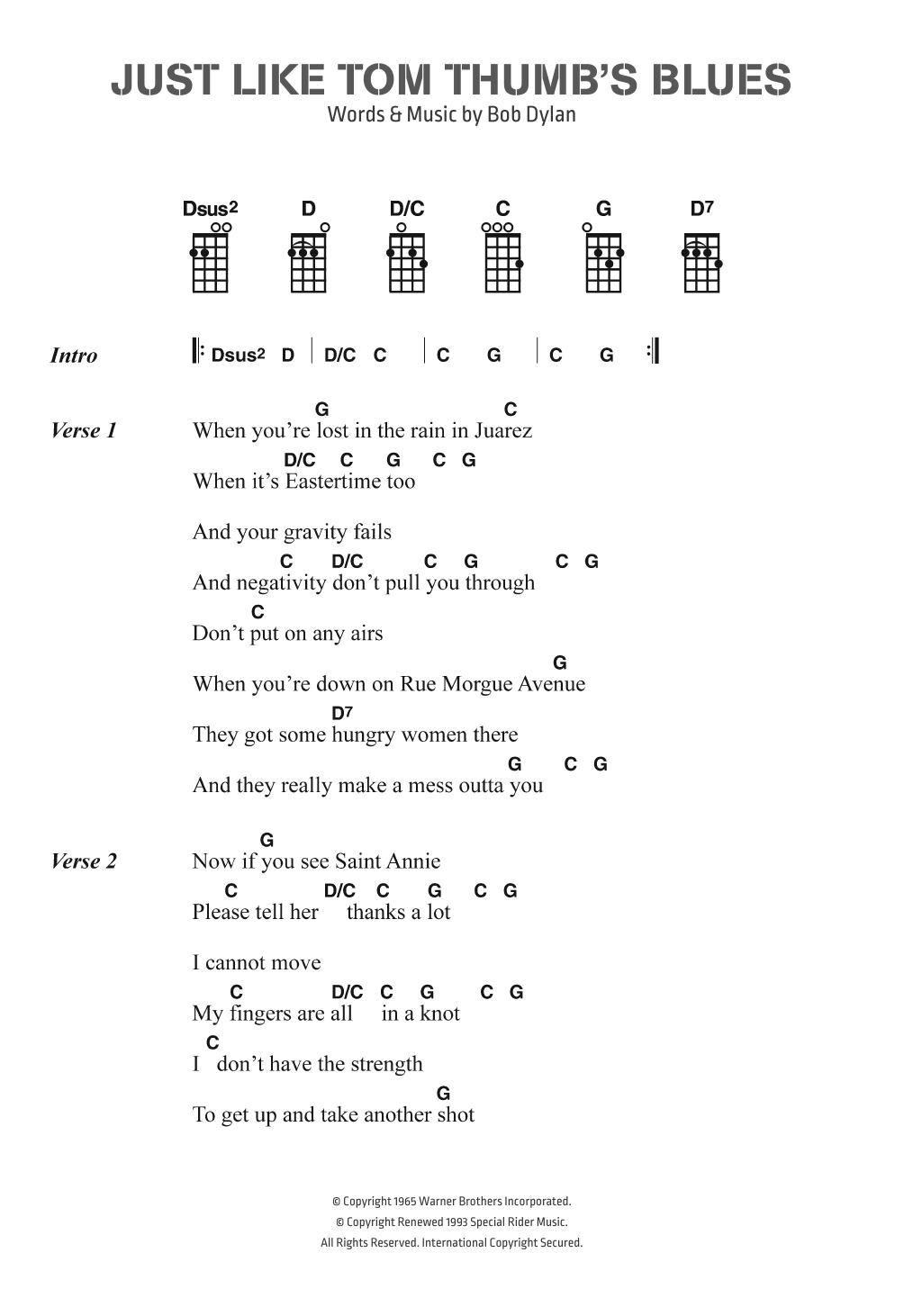 Bob Dylan Just Like Tom Thumb's Blues sheet music notes and chords. Download Printable PDF.