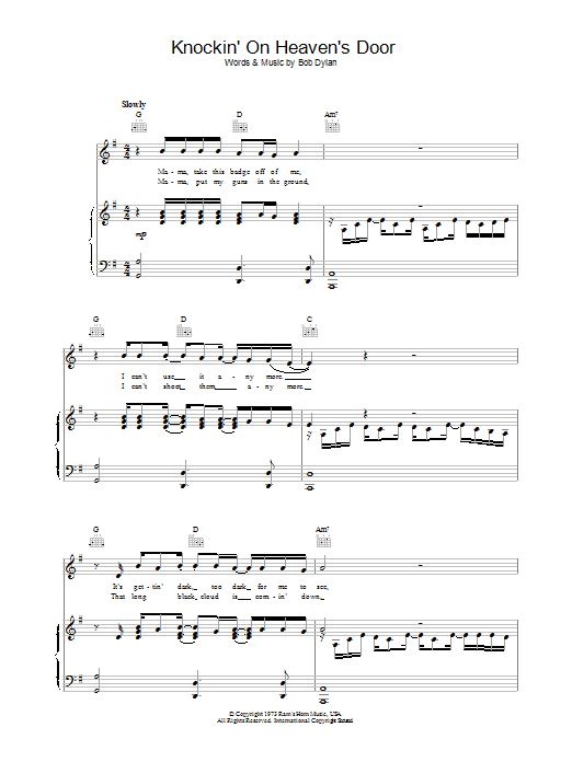 Bob Dylan Knockin' On Heaven's Door sheet music notes and chords. Download Printable PDF.