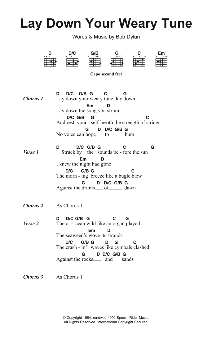 Bob Dylan Lay Down Your Weary Tune sheet music notes and chords. Download Printable PDF.