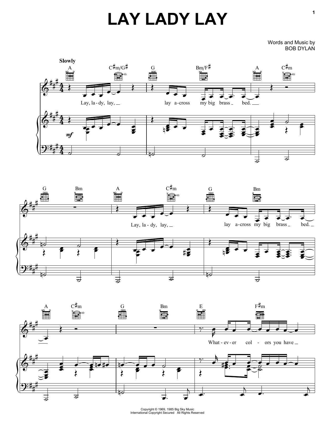 Bob Dylan Lay, Lady, Lay sheet music notes and chords arranged for Super Easy Piano