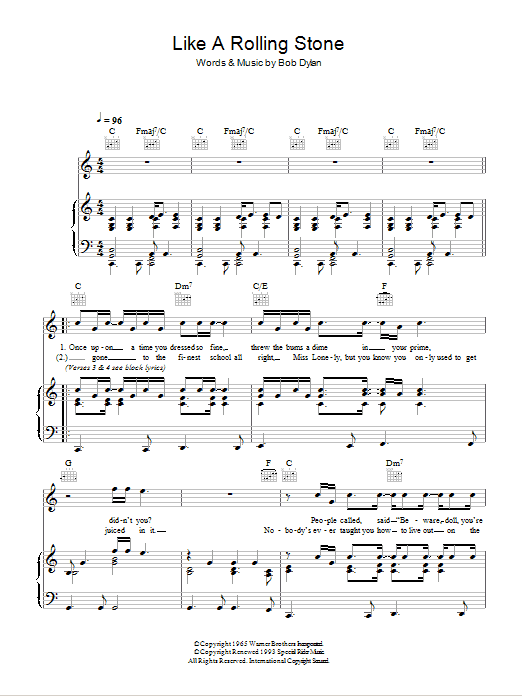 Bob Dylan Like A Rolling Stone sheet music notes and chords. Download Printable PDF.