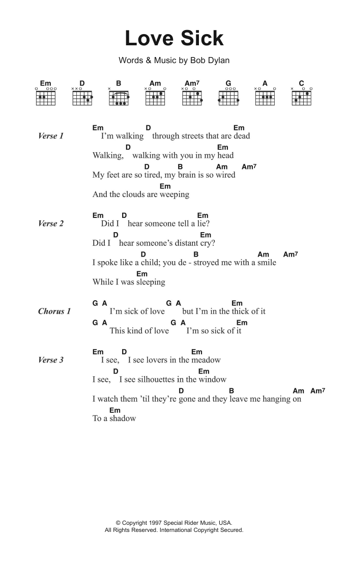 Bob Dylan Love Sick sheet music notes and chords arranged for Piano, Vocal & Guitar Chords