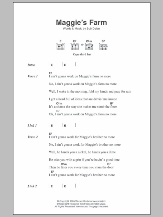 Bob Dylan Maggie's Farm sheet music notes and chords. Download Printable PDF.