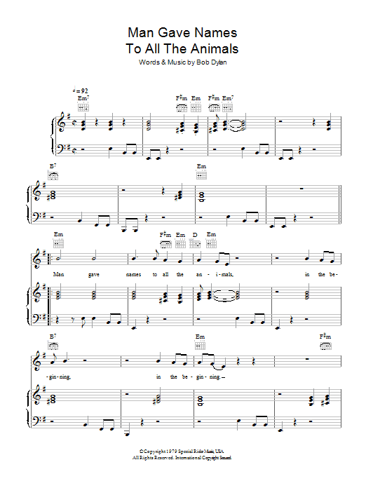Learn to play Bob Dylan Man Gave Names To All The Animals sheet music for Piano, Vocal & Guitar Chords in minutes. Price: 7.8900$ Bob Dylan Man Gave Names To All The Animals sheet music notes and chords arranged for Piano, Vocal & Guitar Chords