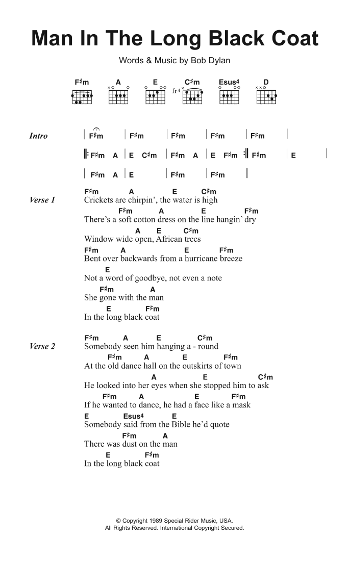 Bob Dylan Man In The Long Black Coat sheet music notes and chords arranged for Guitar Chords/Lyrics