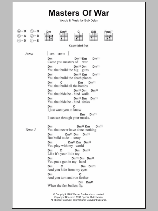 Bob Dylan Masters Of War sheet music notes and chords arranged for Piano, Vocal & Guitar Chords