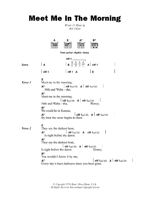 Bob Dylan Meet Me In The Morning sheet music notes and chords. Download Printable PDF.