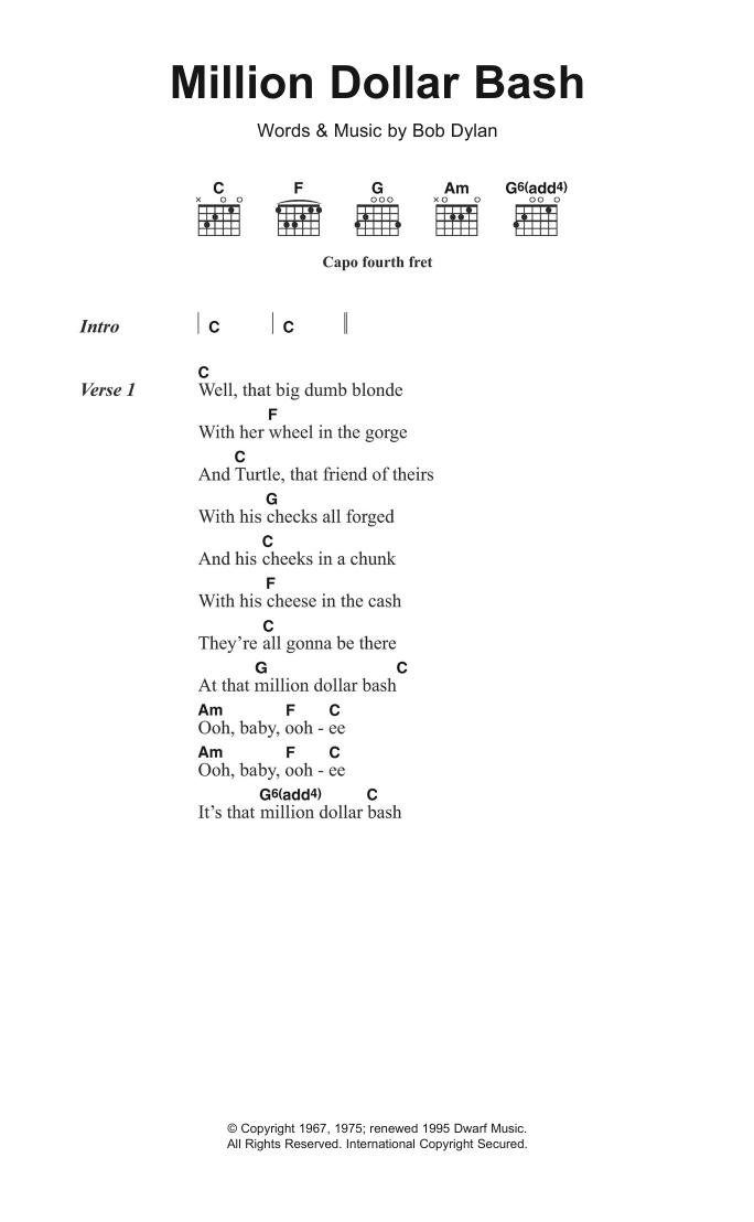 Bob Dylan Million Dollar Bash sheet music notes and chords arranged for Ukulele Chords/Lyrics