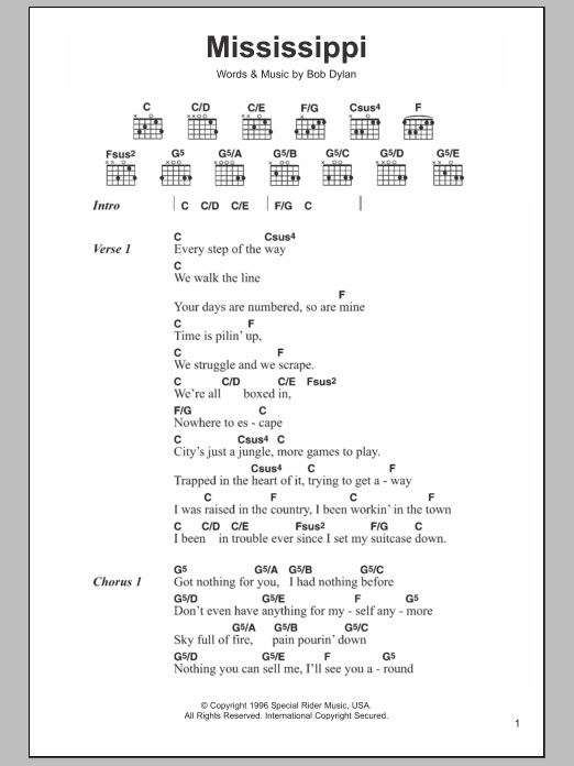 Bob Dylan Mississippi sheet music notes and chords arranged for Piano, Vocal & Guitar Chords