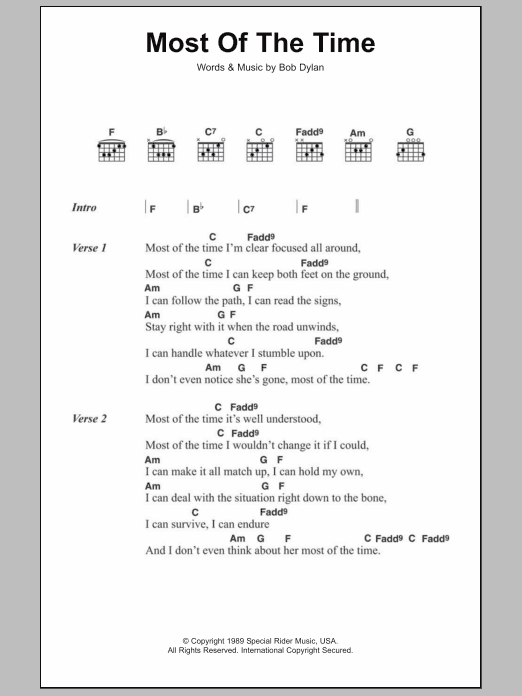 Bob Dylan Most Of The Time (from High Fidelity) sheet music notes and chords arranged for Piano, Vocal & Guitar Chords