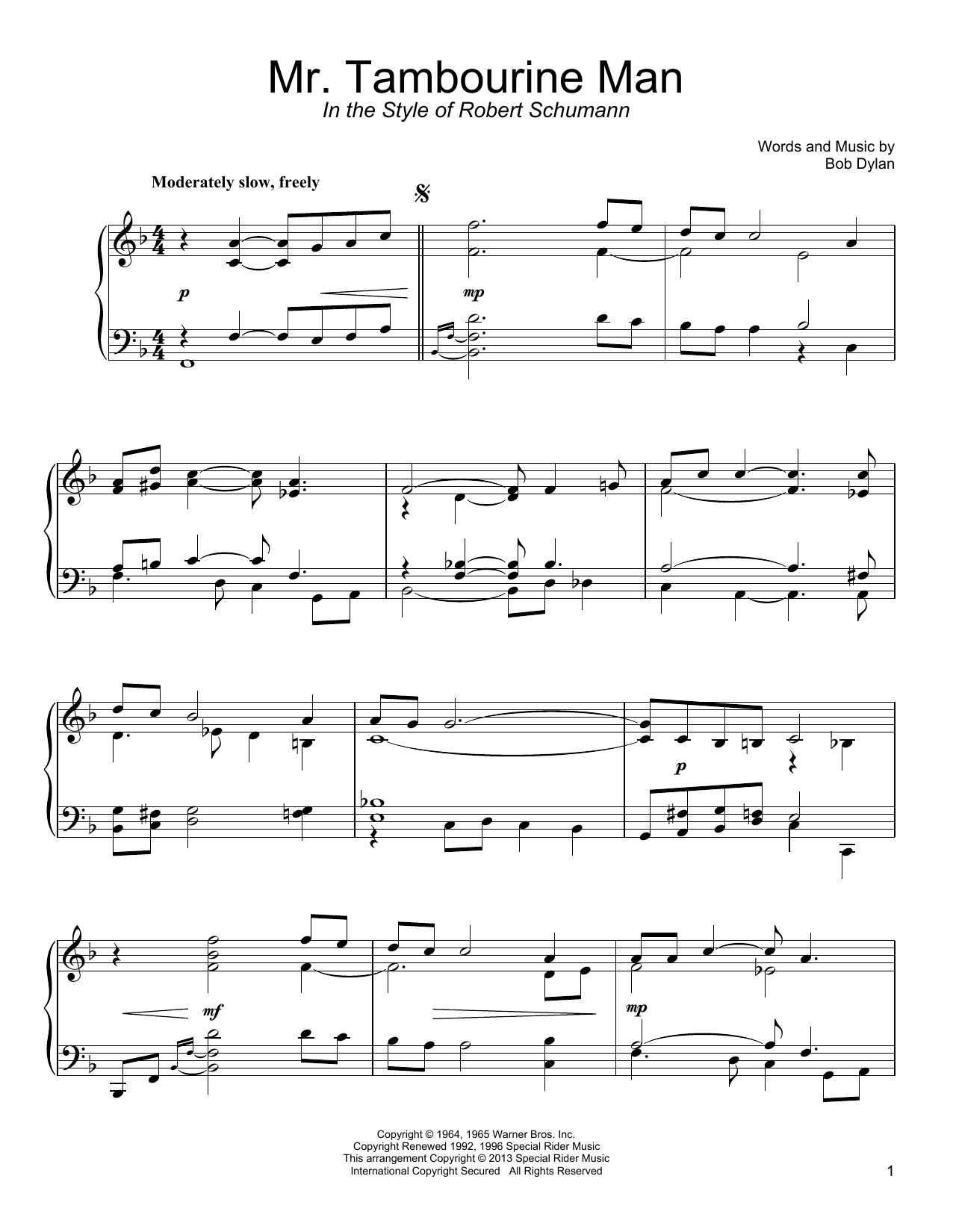 Bob Dylan Mr. Tambourine Man sheet music notes and chords arranged for Piano Solo