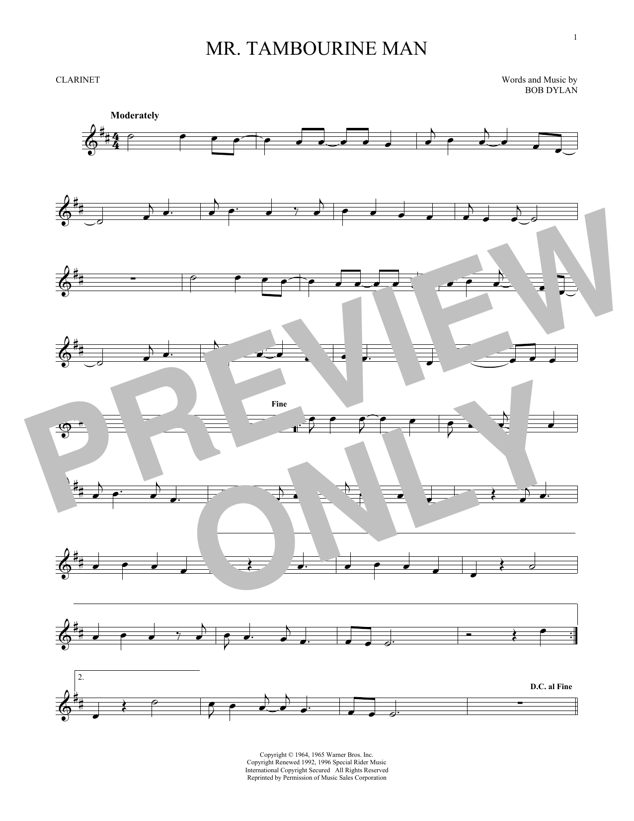 Bob Dylan Mr. Tambourine Man sheet music notes and chords. Download Printable PDF.