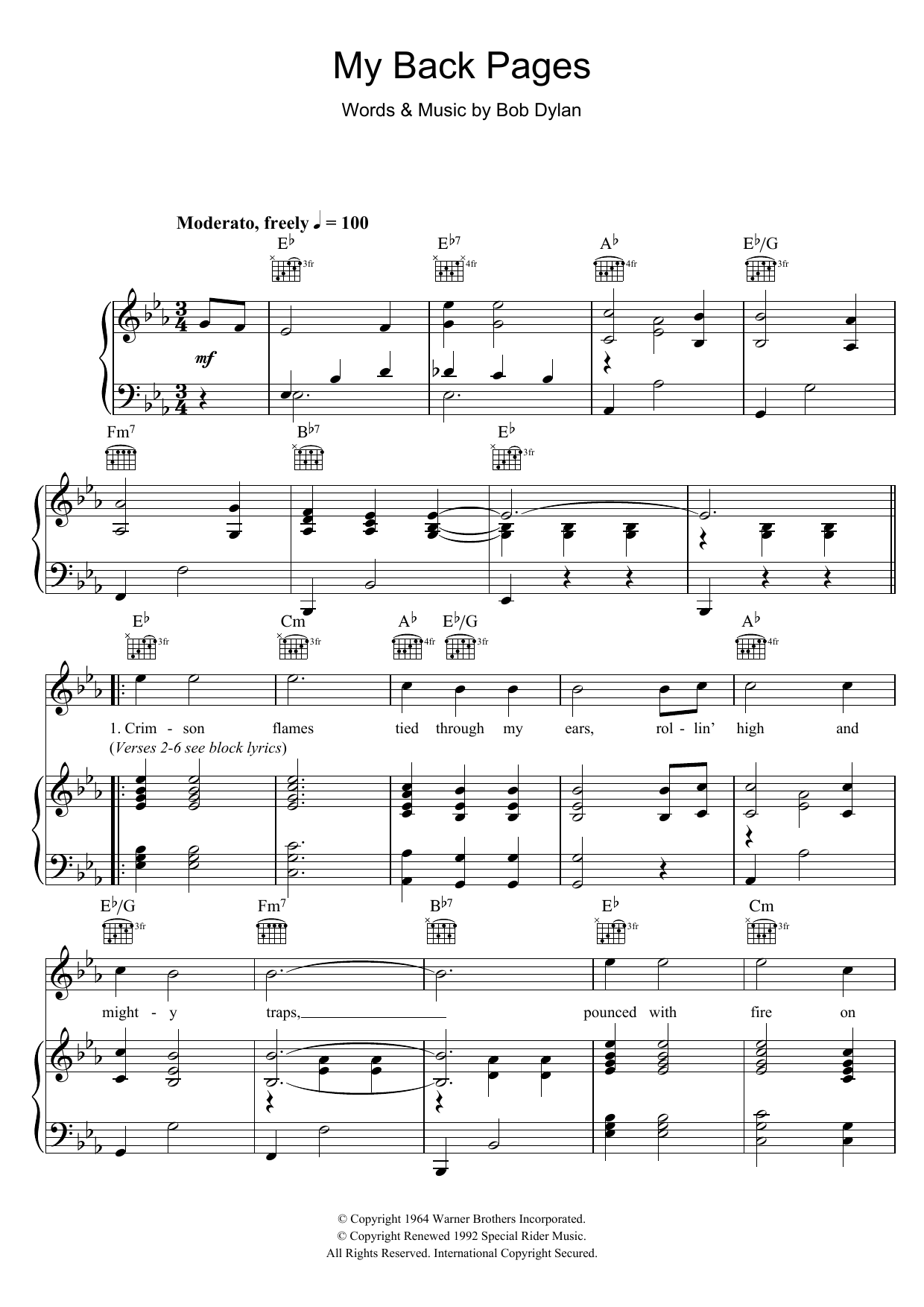 Bob Dylan My Back Pages sheet music notes and chords. Download Printable PDF.