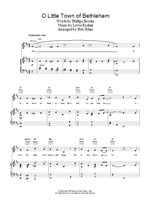 Bob Dylan O Little Town Of Bethlehem sheet music notes and chords arranged for Piano, Vocal & Guitar Chords