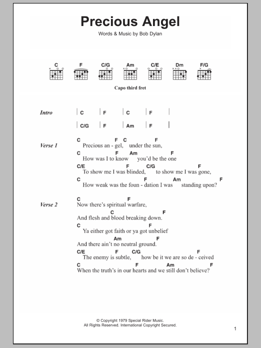 Bob Dylan Precious Angel sheet music notes and chords arranged for Piano, Vocal & Guitar Chords