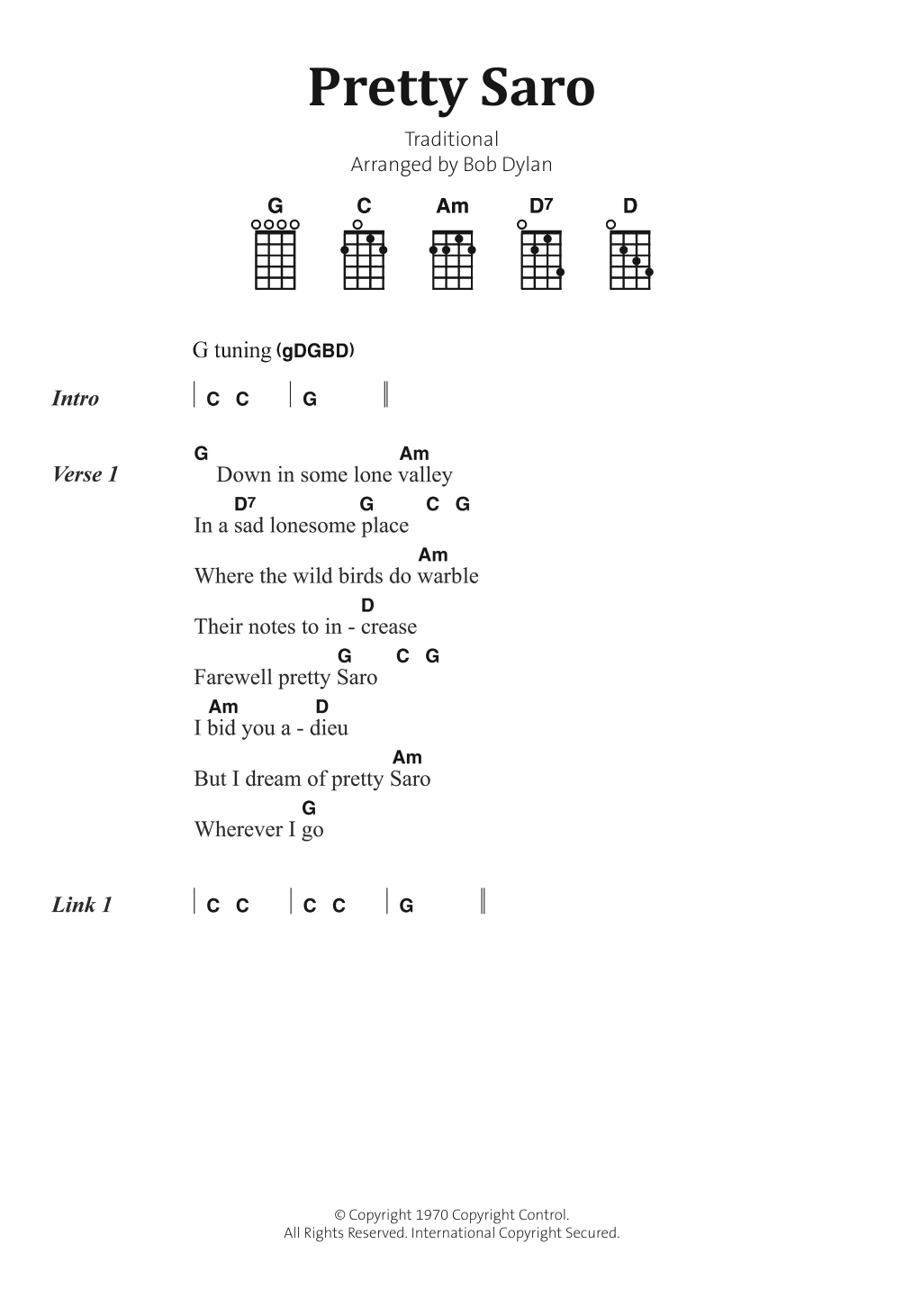 Bob Dylan Pretty Saro sheet music notes and chords arranged for Piano, Vocal & Guitar Chords