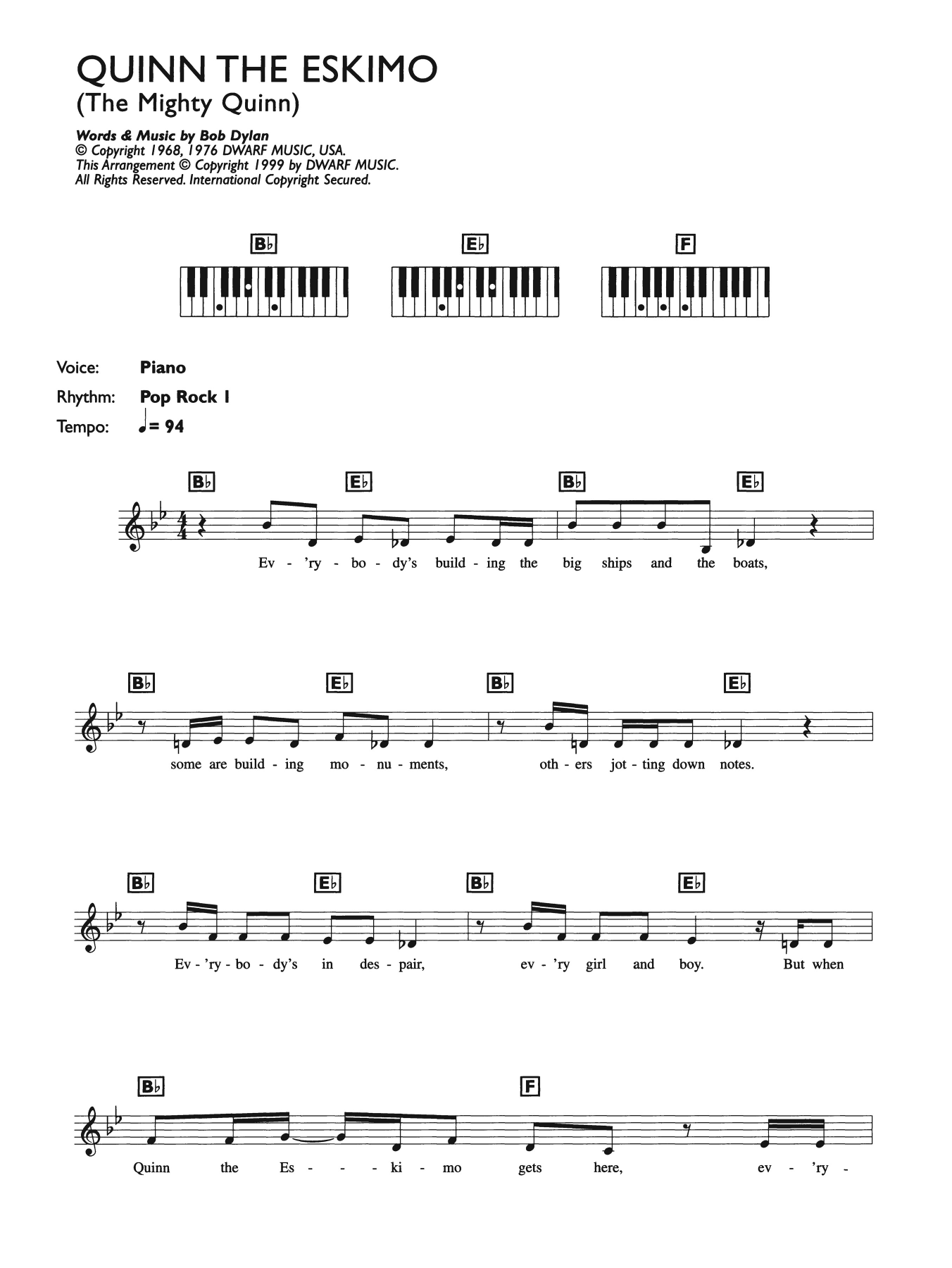 Bob Dylan Quinn The Eskimo (The Mighty Quinn) sheet music notes and chords arranged for Piano, Vocal & Guitar Chords