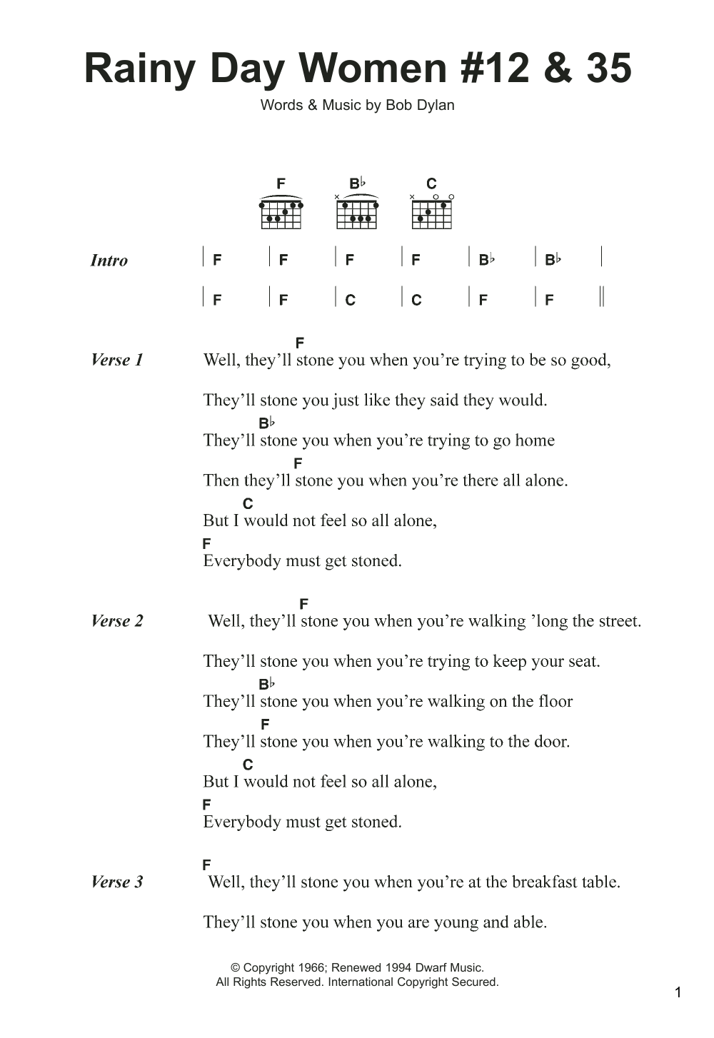 Bob Dylan Rainy Day Women #12 and 35 sheet music notes and chords. Download Printable PDF.