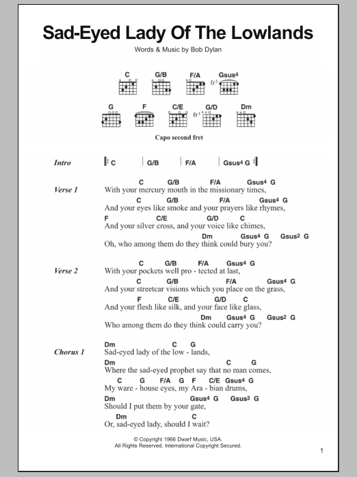 Bob Dylan Sad-Eyed Lady Of The Lowlands sheet music notes and chords. Download Printable PDF.