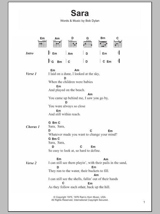 Bob Dylan Sara sheet music notes and chords arranged for Piano, Vocal & Guitar Chords