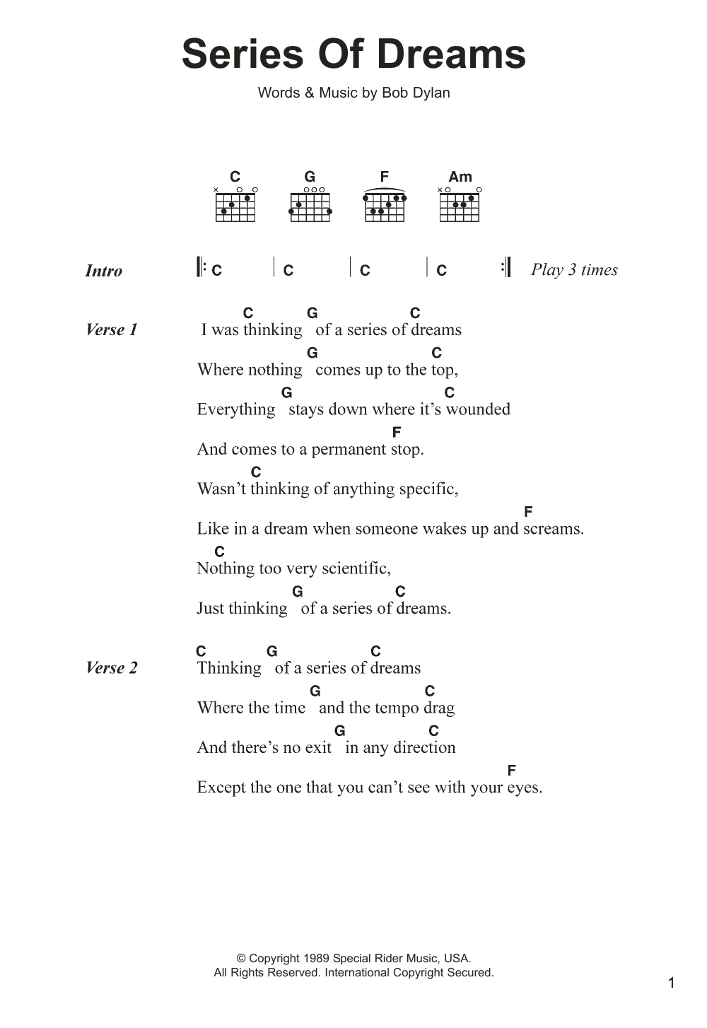 Bob Dylan Series Of Dreams sheet music notes and chords arranged for Guitar Chords/Lyrics