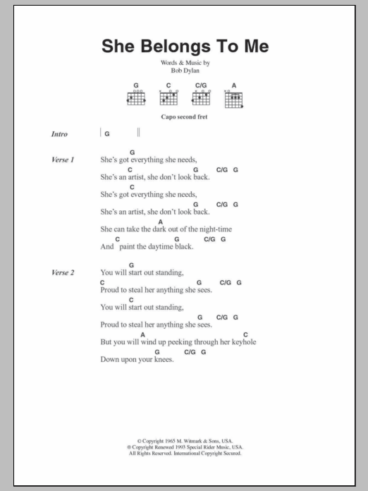 Bob Dylan She Belongs To Me sheet music notes and chords. Download Printable PDF.