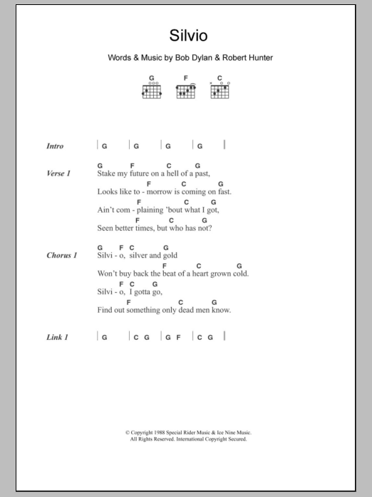 Bob Dylan Silvio sheet music notes and chords. Download Printable PDF.