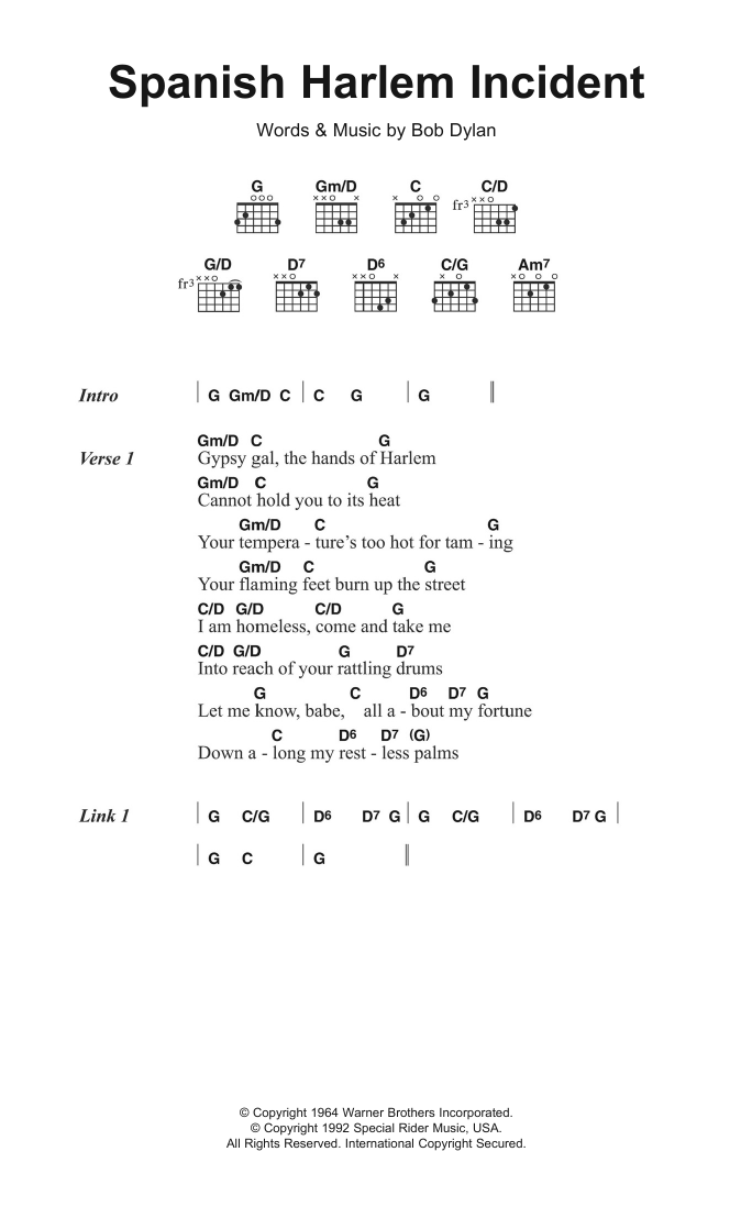 Bob Dylan Spanish Harlem Incident sheet music notes and chords arranged for Guitar Chords/Lyrics