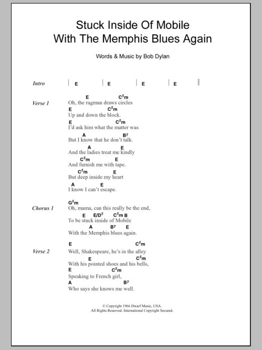 Bob Dylan Stuck Inside Of Mobile With The Memphis Blues Again sheet music notes and chords. Download Printable PDF.