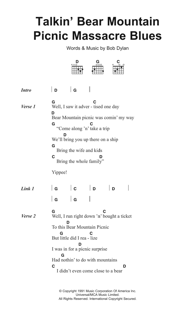 Learn to play Bob Dylan Talkin' Bear Mountain Picnic Massacre Blues sheet music for Piano, Vocal & Guitar Chords in minutes. Price: 7.8900$ Bob Dylan Talkin' Bear Mountain Picnic Massacre Blues sheet music notes and chords arranged for Piano, Vocal & Guitar Chords