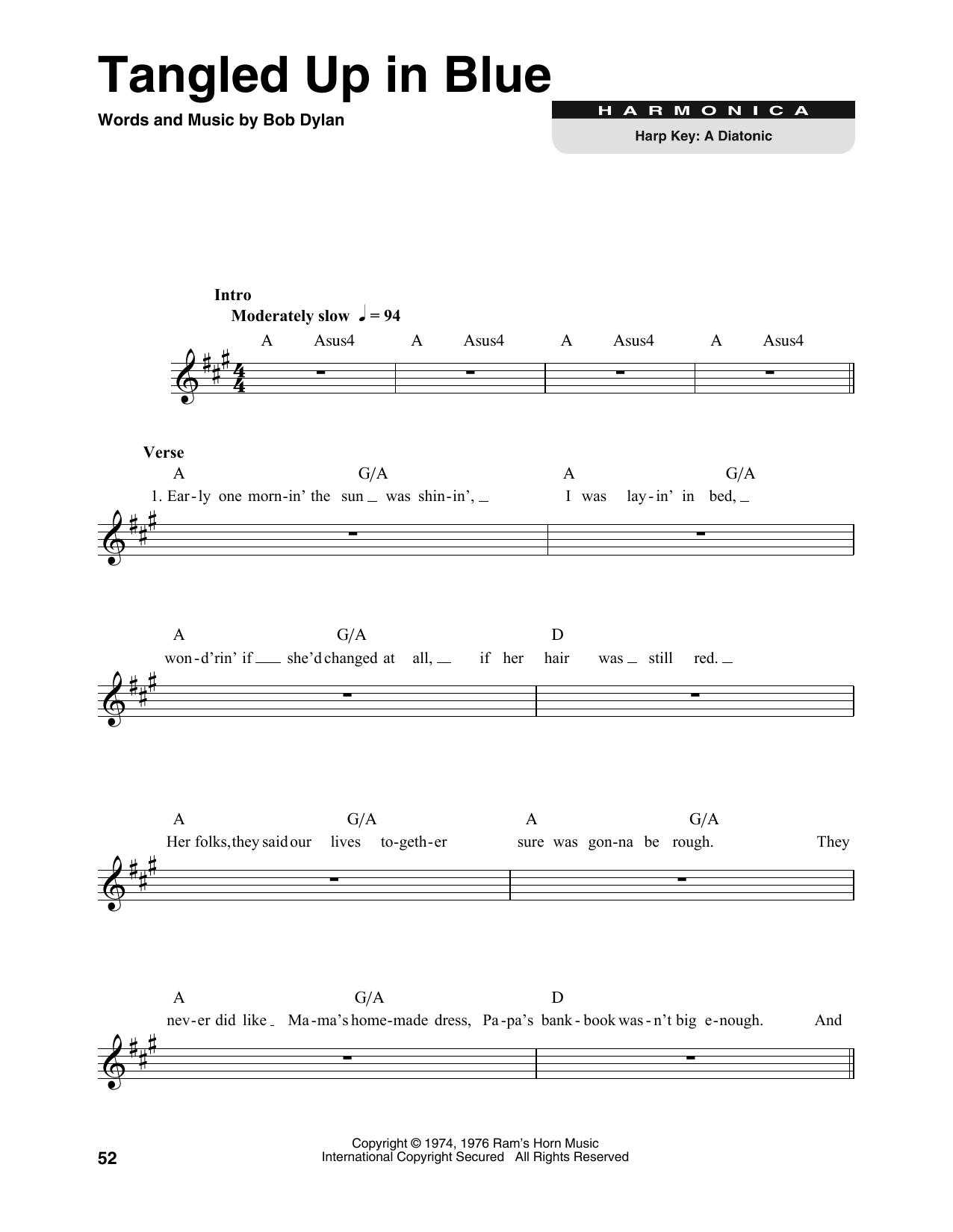 Bob Dylan Tangled Up In Blue sheet music notes and chords arranged for Real Book – Melody, Lyrics & Chords