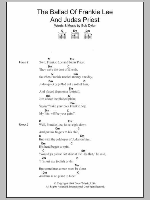 Bob Dylan The Ballad Of Frankie Lee And Judas Priest sheet music notes and chords. Download Printable PDF.