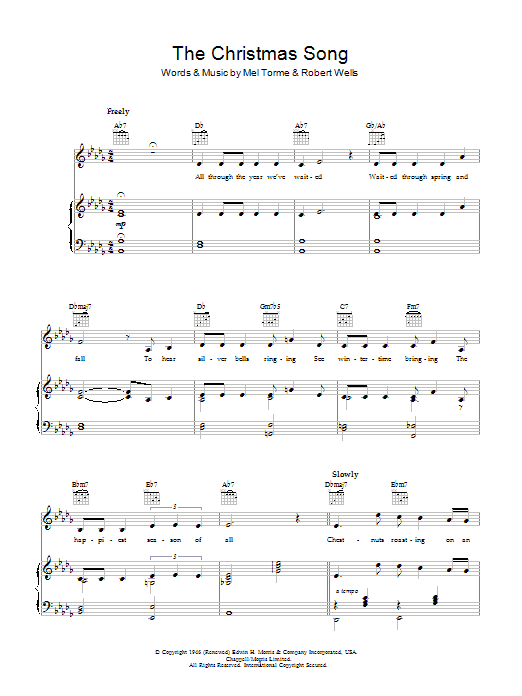 Bob Dylan The Christmas Song (Chestnuts Roasting On An Open Fire) sheet music notes and chords arranged for Piano, Vocal & Guitar Chords