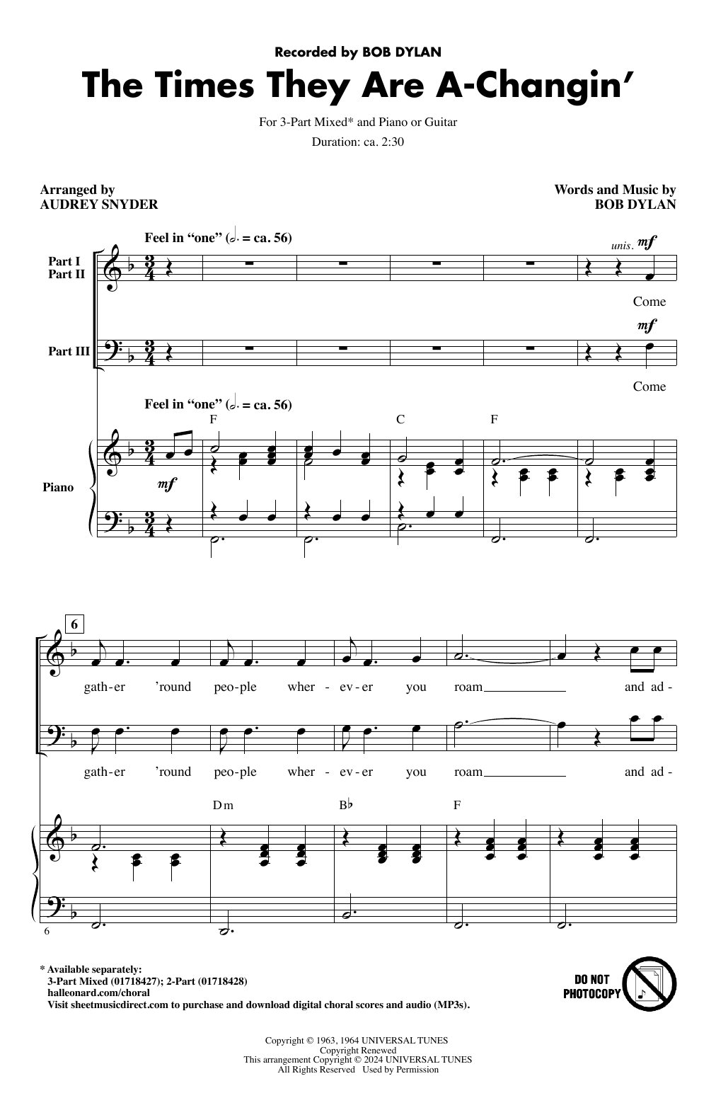 Bob Dylan The Times They Are A-Changin' (arr. Audrey Snyder) sheet music notes and chords. Download Printable PDF.