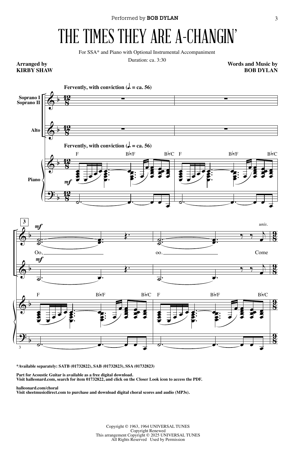 Learn to play Bob Dylan The Times They Are A-Changin' (arr. Kirby Shaw) sheet music for SAB Choir in minutes. Price: 3.9900$ Bob Dylan The Times They Are A-Changin' (arr. Kirby Shaw) sheet music notes and chords arranged for SAB Choir