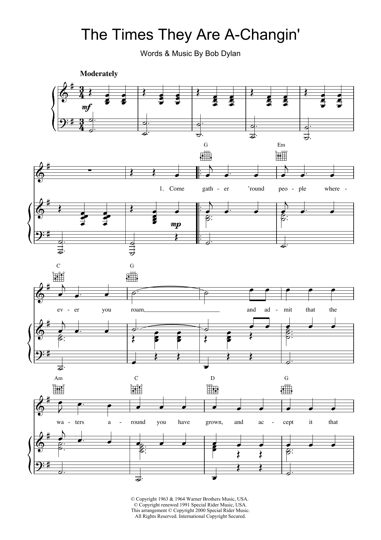 Bob Dylan The Times They Are A-Changin' sheet music notes and chords. Download Printable PDF.